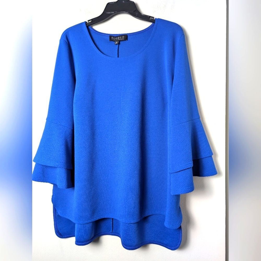 Eloquii blue top Tiered ruffle bell sleeve sz 16 office party